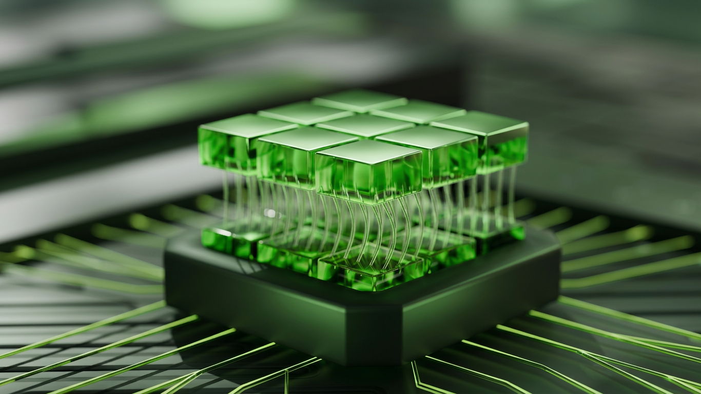 Futuristic green translucent cube chip with glowing circuit lines on a dark base