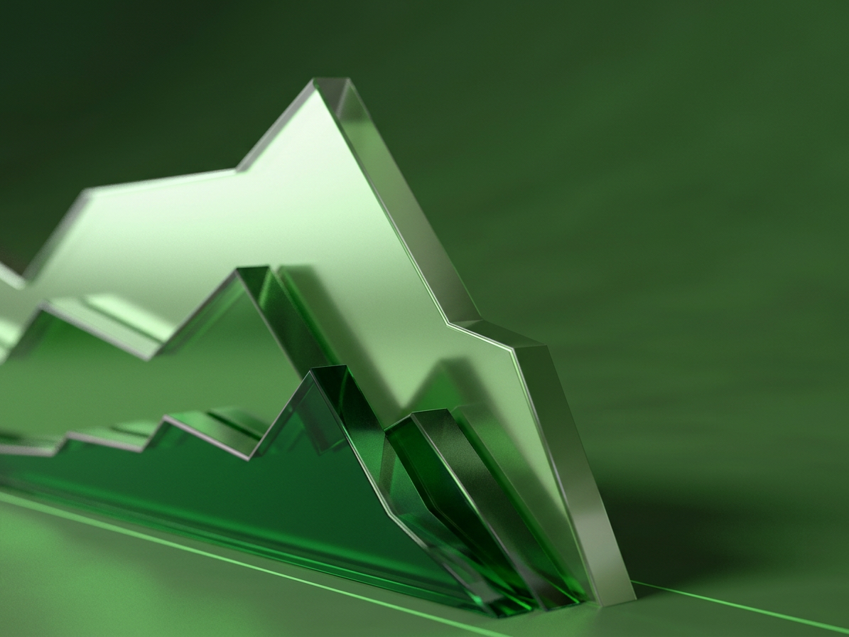 Green translucent 3D line graph forming a rising mountain shape, with layered peaks and reflective surfaces.