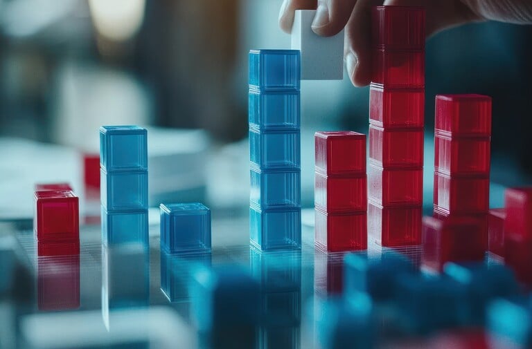 A hand places a white cube onto a red bar chart made of translucent cubes, with blue bars beside it on a glossy surface.
