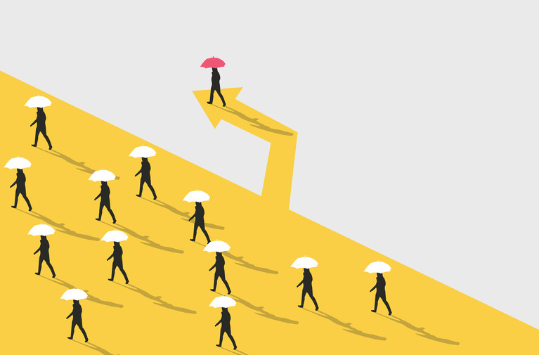 Silhouette figures with white umbrellas ascend a yellow arrow, one with pink umbrella leads at tip