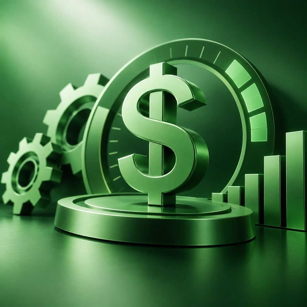 Green 3D dollar sign on pedestal with gear mechanisms and rising bar chart in a green financial background.